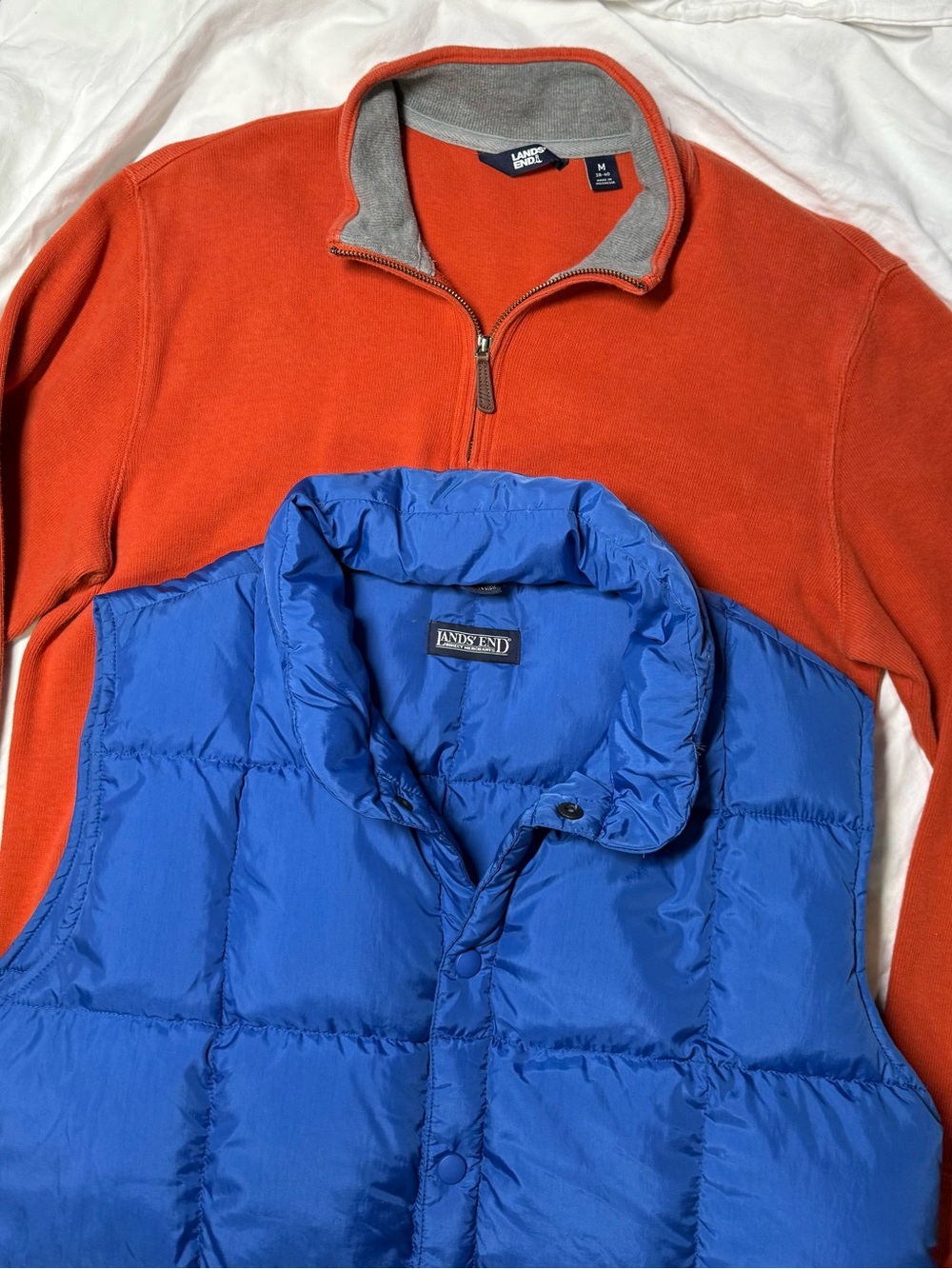 Lot Of 2 Blue Lands End Quilted Down Puffer Vest & 🍊 1/4 Zip Sweater Men’s Med